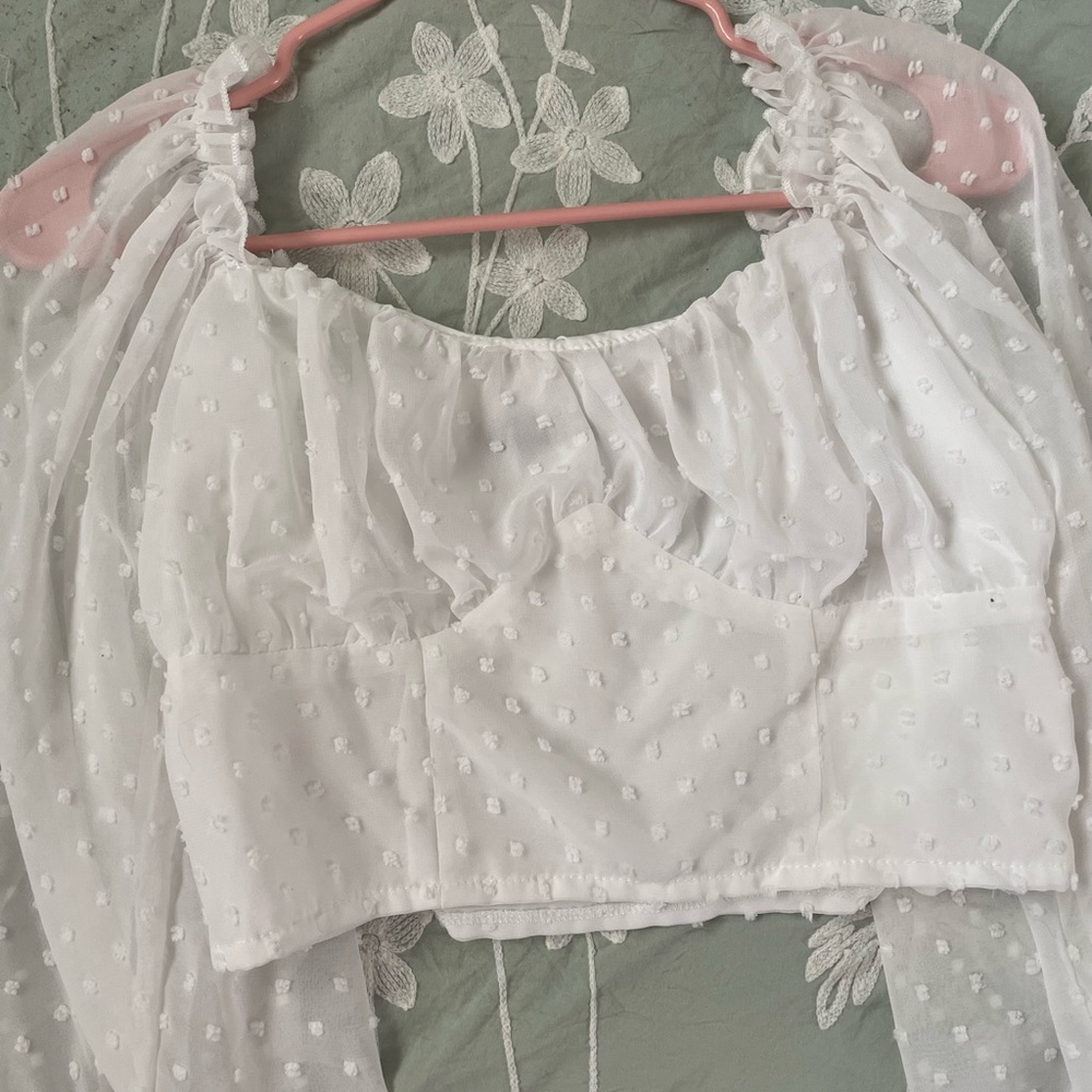 “Swiss Dot Lettuce Trim Crop Milkmaid Blouse”